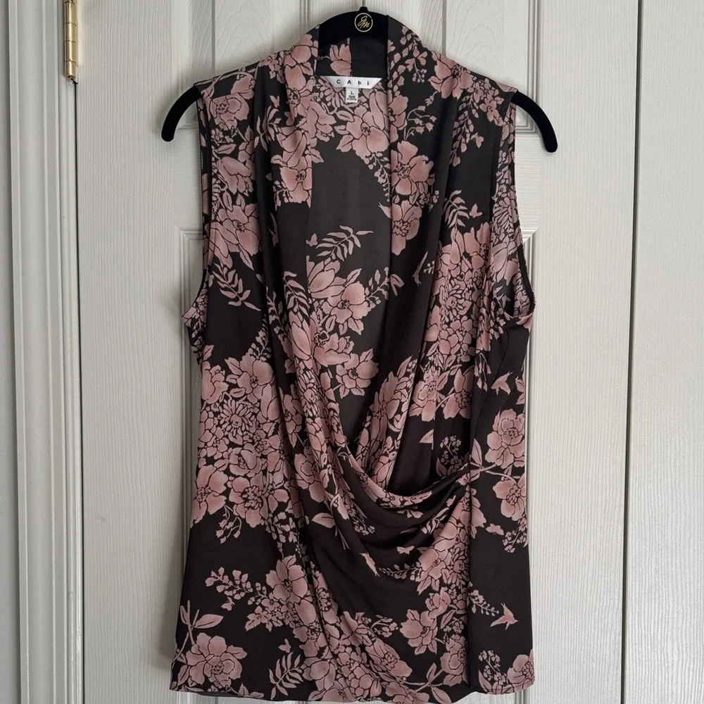 CAbi Floral Sleeveless Draped Blouse Charcoal & Pink - Size Large - Picture 1 of 10